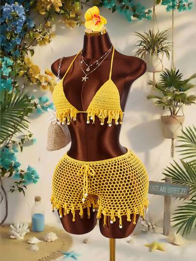 Amplova Bộ 2 món áo len nữ màu trơn cổ yếm không tay, có tua rua trang trí, dệt kim khoét lỗ