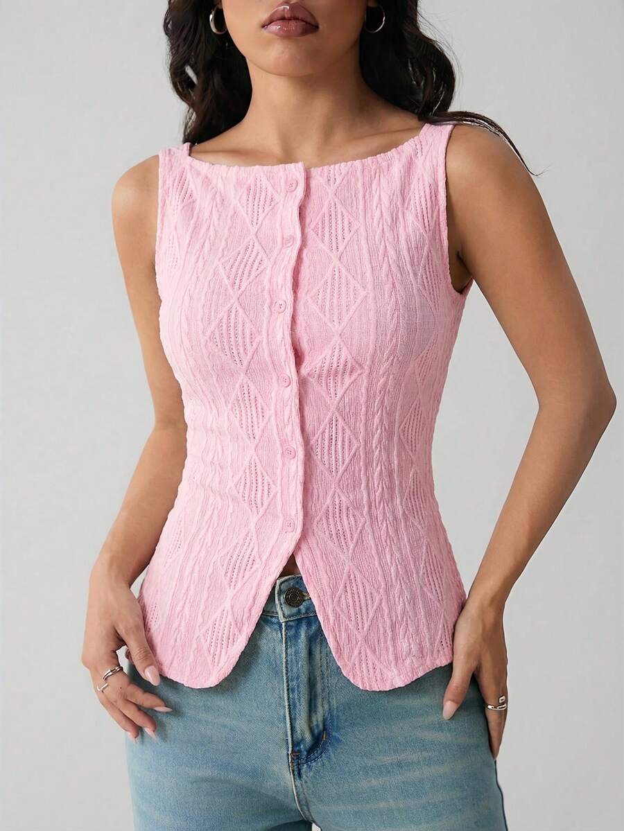 SHEIN PETITE Áo sơ mi nữ không tay, họa tiết hình học, cài một hàng khuy, chất liệu co giãn nhẹ, kiểu dáng ôm sát, thanh lịch và thời trang cho công sở, áo hai dây đơn giản, thoải mái hàng ngày, thích hợp cho mùa xuân/hè, áo không tay, kiểu cổ điển, trang phục phương Tây cho nữ.