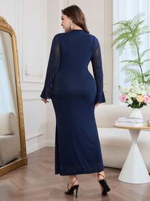 Modelyn Elegante abito aderente con maniche a campana, design a nodo intrecciato in rete lucida, taglie comode, adatto per primavera/estate - Blu Navy - Visualizzare 2