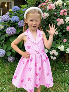 SHEIN Elladie kids 女童夏季新款时尚Polo领露背吊带束腰甜美度假风连衣裙，少女正式礼服 - 粉色 - 查看 3