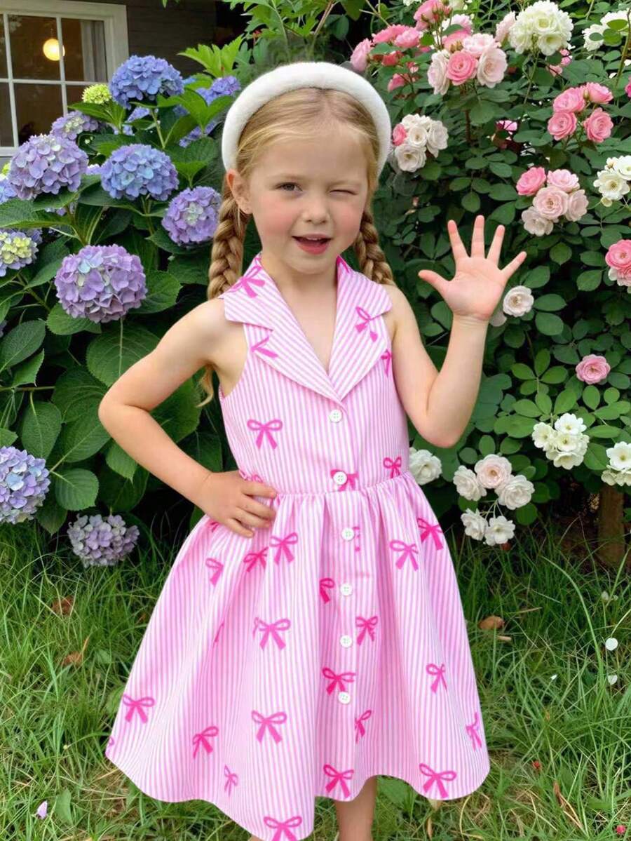 SHEIN Elladie kids 女童夏季新款时尚Polo领露背吊带束腰甜美度假风连衣裙，少女正式礼服 - 粉色 - 查看 1