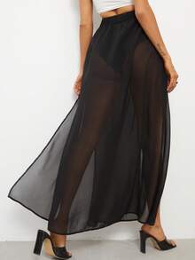 Travachic 高开衩网纱透视半身裙，适合度假、下午茶、婚礼季、海滩邮轮假期、城市自驾游、波西米亚风假期、音乐节、沙滩装、复活节、海滩、优雅、音乐会、热带风情、假日、波西米亚风，春夏秋季皆宜。 - 黑色 - 查看 2