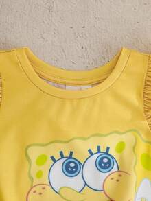 SpongeBob SquarePants | SHEIN 女婴卡通印花圆领T恤和短裤休闲日常穿搭 - 黃色 - 查看 3
