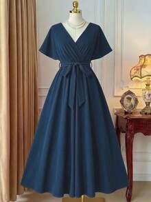 DreamSkyne Exquisite & Elegant  Plus Size Solid Color V-Neck Wrap Around Self-Tie Belt Elegant Dress - Blue - View 8