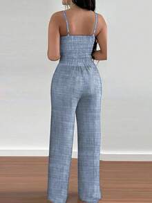 INAWLY 两件套：女士印花吊带背心和松紧腰阔腿裤 - 淺色水洗藍 - 查看 2