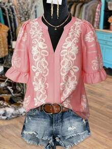 Linhara Plus Size Women's V-Neck Pink Embroidered Floral Print Split Design Puff Sleeve Ruffle Hem Vintage Casual Commute Daily Holiday Date Versatile Elegant Blouse, Spring/Summer New Women's Tops And Blouses Boho Outfit For Women Blouse For Women Casual Elegant Women's Western Outfits Blouse For Women - Multicolor - View 1