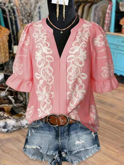 Linhara Plus Size Women's V-Neck Pink Embroidered Floral Print Split Design Puff Sleeve Ruffle Hem Vintage Casual Commute Daily Holiday Date Versatile Elegant Blouse, Spring/Summer New Women's Tops And Blouses Boho Outfit For Women Blouse For Women Casual Elegant Women's Western Outfits Blouse For Women