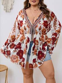 SHEIN CURVE+ 大码女士度假针织网纱复古花卉图案V领长袖喇叭袖前系带蝴蝶结A字衬衫 - 彩色 - 查看 5