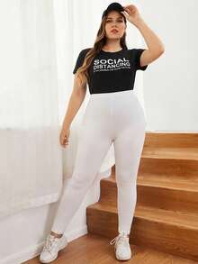 SHEIN EZwear 大码女式弹力腰带休闲百搭白色打底裤 - 白色 - 查看 3