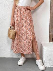 SHEIN Tween Girl Ditsy Floral Elastic Waist Casual Skirt Long Spring Summer Skirts Modest Skirt - Pink - View 6