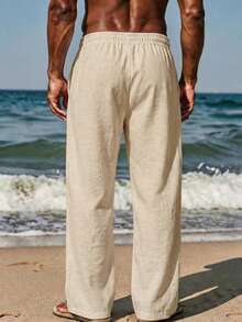 VIVINTIMO Men's Solid Color Pocket Drawstring Beach Vacation Casual Pants, Holiday - Khaki - View 2