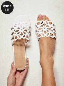 SHUZIA Giày sandal đế bằng dáng rộng, thời trang, thanh lịch, họa tiết hoa khoét hở dành cho nữ. - trắng - Xem 3