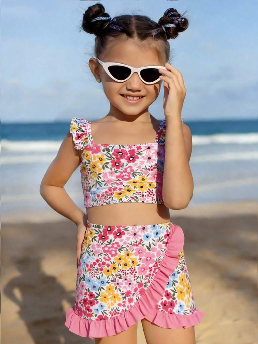 女童（小号）印花泳衣，荷叶边装饰，三件套 - 粉色 - 查看 1