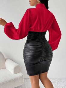 SHEIN Lady 女士优雅 PU 皮革贴片褶皱迷你连衣裙 拼色拼接宽松长袖连衣裙 白色缎面 PU 皮革和黑色皮革连衣裙 白色性感上衣 白色女式衬衫 感恩节女装 商务休闲女士优雅连衣裙 黑色返校节连衣裙 性感连衣裙 - 紅色 - 查看 2