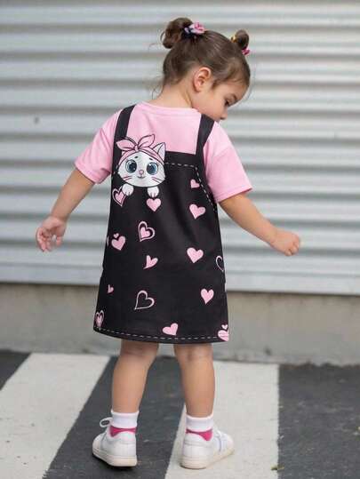 Bubblio Đầm ngắn tay dáng lửng tối giản, in hình trái tim và mèo màu hồng dễ thương "Chill Chill Summer" cho bé gái, thích hợp cho mùa hè.