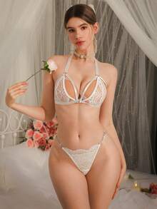 DelicateAllure 女士撞色蕾丝镂空吊带内衣套装 - 白色 - 查看 3