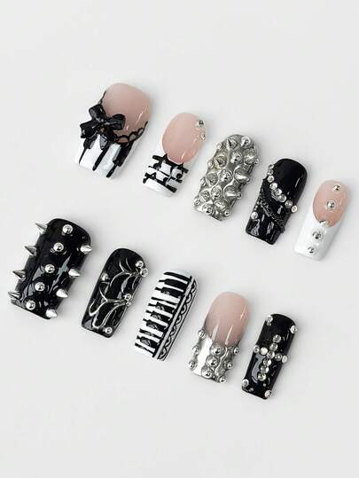 ROMWE Goth 10片Y2K风格串珠假指甲+3片双面胶带，辣妹组合风格钢琴键、音符、蝴蝶结图案，可拆卸中长款棺材形手工定制按压式美甲，适合四季节日派对、舞会和日常佩戴
