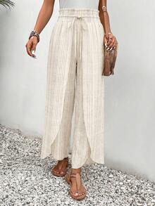 SHEIN Frenchy 女士纸袋腰抽绳直筒宽松条纹裤 - 彩色 - 查看 5