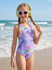 Tween Girls Minimalist Printed Sleeveless One-Piece Swimsuit - Purple - View 6