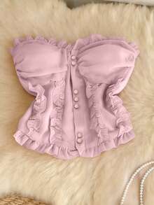 Franclia Women's Light Pink Ruffle Trim Bandeau Crop Top - Pink - View 1