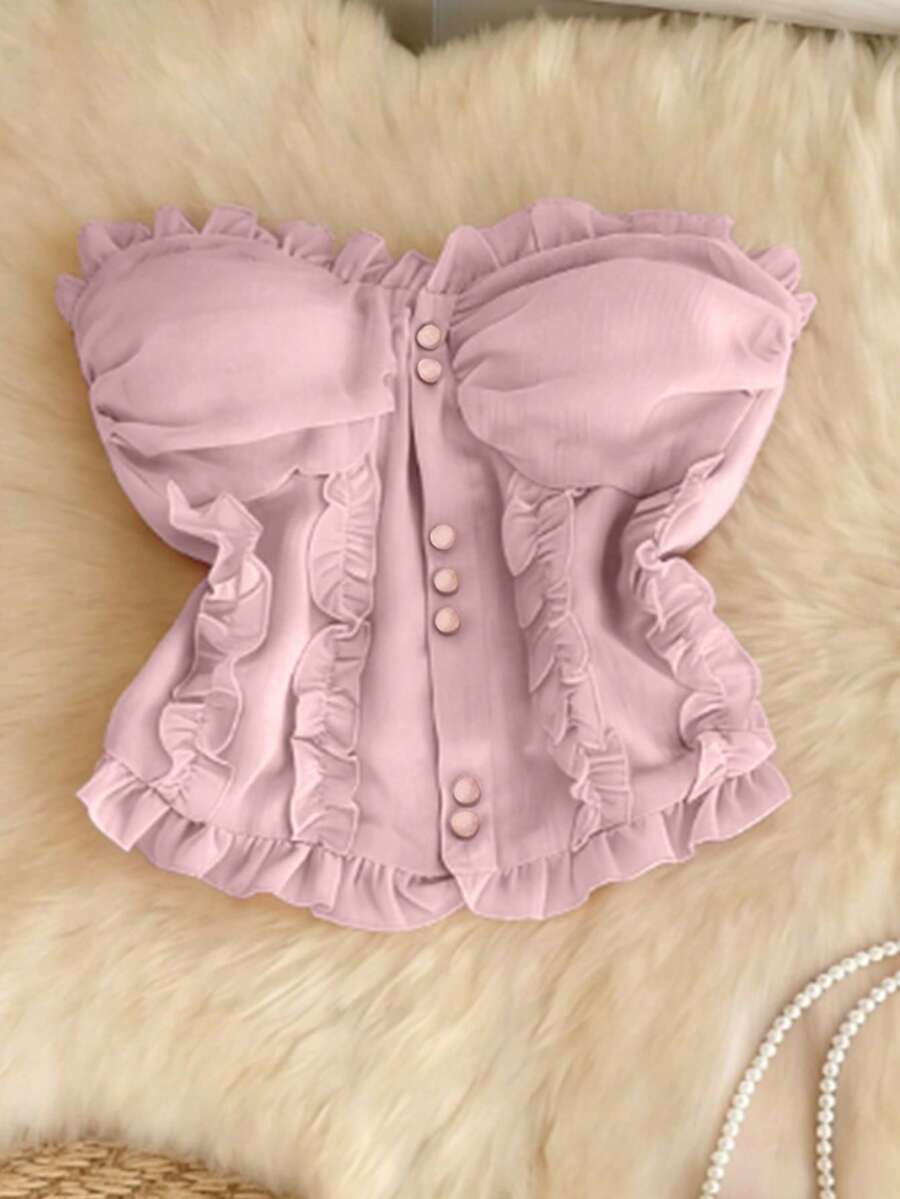 Franclia Women's Light Pink Ruffle Trim Bandeau Crop Top - Pink - View 1