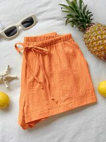 Comfortcana Women's Casual Loose Drawstring Solid Color Shorts, Versatile Daily Wear Coral Orange Linen Shorts - Coral Orange - View 3
