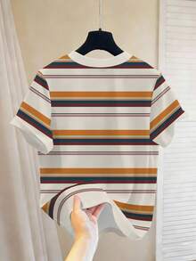 Manfinity Hypemode Men's Retro Striped Patchwork Loose Fit H Print Round Neck T-Shirt - Multicolor - View 3