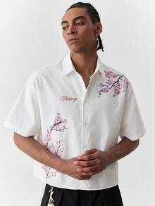 SWAVVY Áo sơ mi nam tay ngắn cài một hàng khuy, in họa tiết hoa anh đào, kiểu dáng thường ngày. - trắng - Xem 3