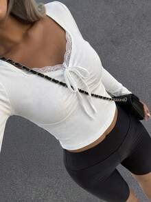FRIFUL Women's Solid Color Lace Twist Design Ruched Casual Versatile Commute Long Sleeve T-Shirt - White - View 11
