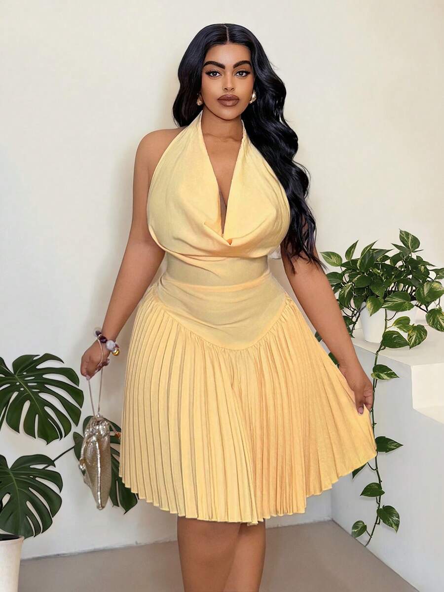 Maweii 大码性感优雅露肩露背蝴蝶结连衣裙 - 黃色 - 查看 1