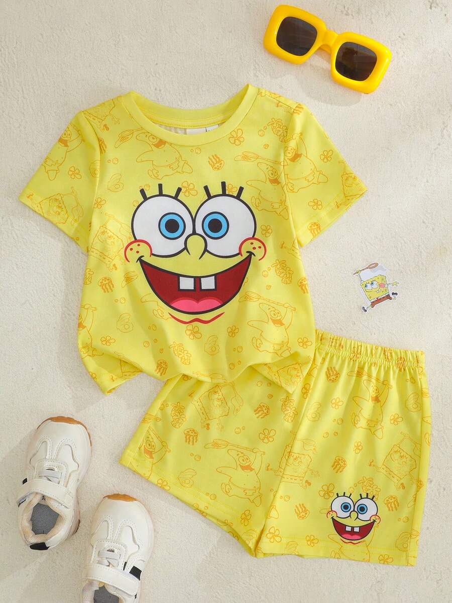 SpongeBob SquarePants | SHEIN 男婴卡通印花圆领短袖T恤和短裤休闲日常穿搭 - 彩色 - 查看 1