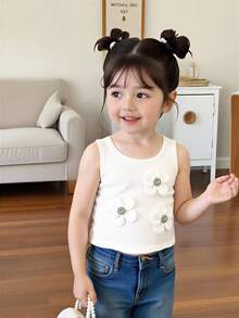 SHEIN Genkimix Kids Young Girls White Floral Beaded Round Neck Camisole, Fashionable For Birthday, Vacation, Party, Summer Toddler Girl Sleeveless For Kids Spring Clothes For Kids Flower Dress For Kids Kids Clothes In Girls 3to 4 Years Of Age - White - View 6