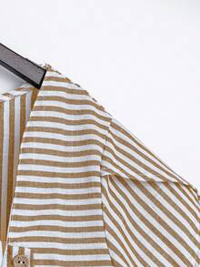 Linhara Plus Size Summer Casual Striped Asymmetric Collar Shirt - Khaki - View 5