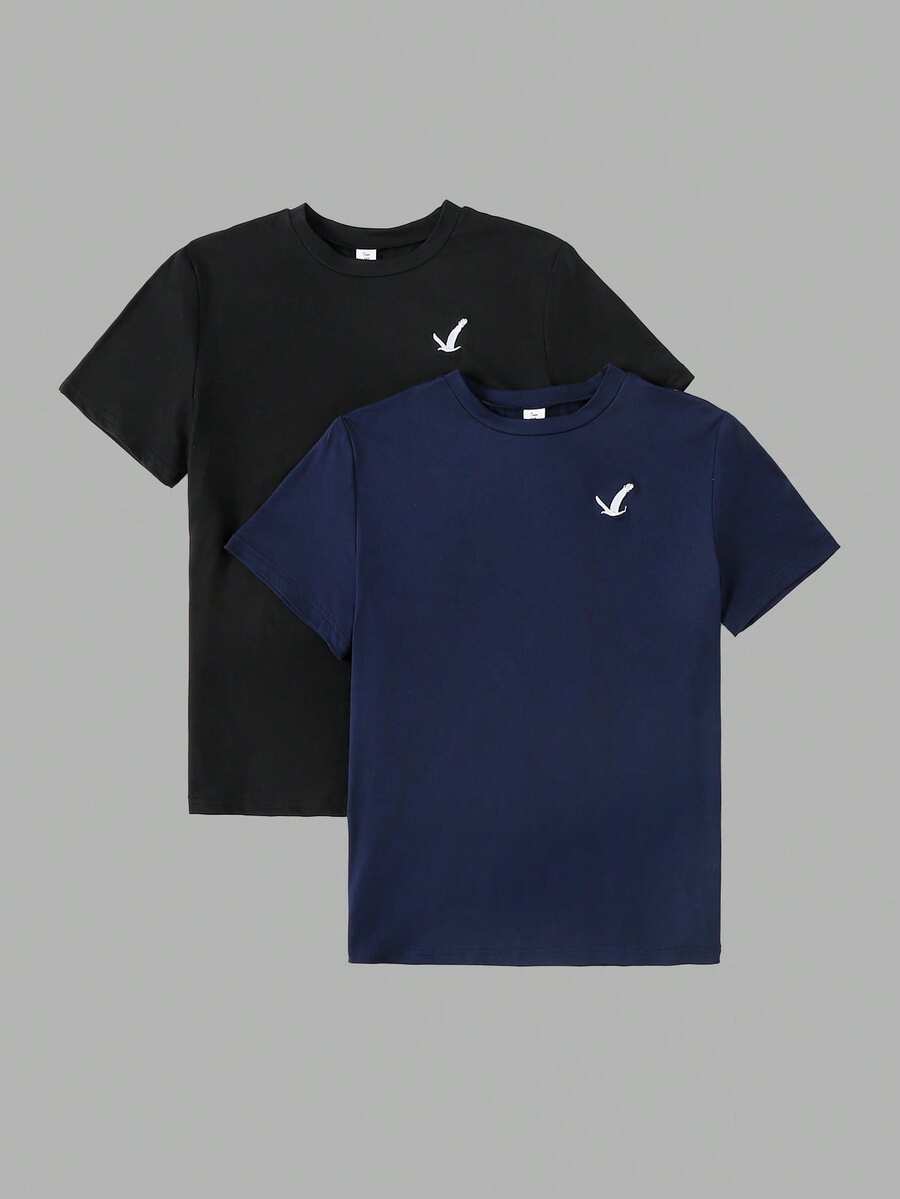 SHEIN Vacaura Bộ 2 áo thun ngắn tay thêu hình chim dành cho thiếu niên nam - Nhiều màu - Xem 1