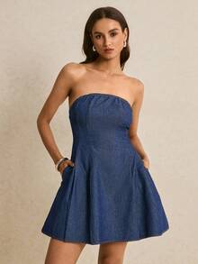 Poéselle Đầm denim cúp ngực thoải mái dành cho nữ mùa hè - Màu xanh lam - Xem 4