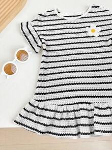 SHEIN Baby Girl Striped Round Neck Short Sleeve Casual Ruffle Hem Dress - Black and White - View 6