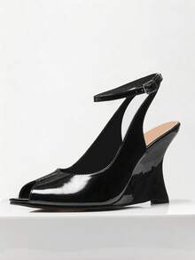 SHUZIA Sandalias de cuña con tira de tobillo y punta abierta para mujer - Negro - Ver 9