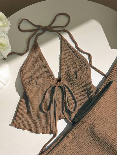 Elamini Bộ quần ống rộng xếp ly cổ yếm chất liệu vải có họa tiết