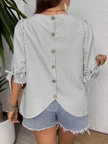 EMERY ROSE Striped Round Neck Cuff Tie Back Decor Button Plus Size Shirt - Grey - View 4