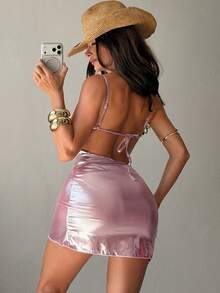 Swim SXY Swim Oasis Summer New Arrival Premium Set One-Piece Glossy Embroidered Floral Triangle Swimsuit & Beach Dress Set For Women - Pink - View 2