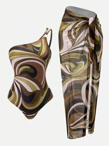 Swim Oasis 女士印花连体泳衣，配同款罩裙，度假必备 - 黑色 - 查看 7