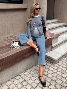 SHEIN 孕妇休闲弹力腰七分牛仔裤 - 淺色水洗藍 - 查看 7