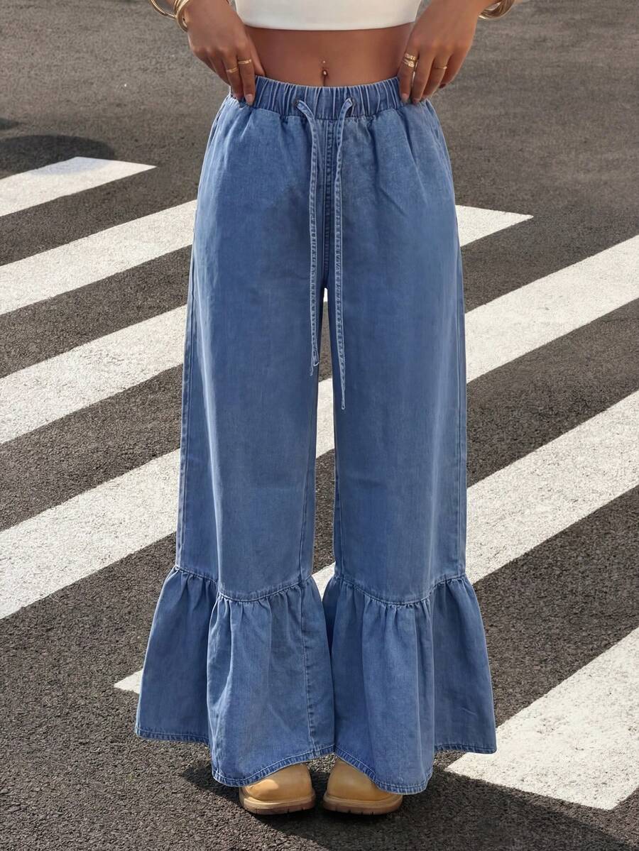 SHEIN ICON 女士阔腿抽绳牛仔裤 - 淺色水洗藍 - 查看 1