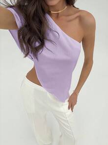 Aloruh 女士纯色不对称下摆时尚衬衫 - 紫羅蘭色 - 查看 8