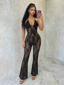 Eryvara 女士黑色蕾丝吊带系带透视镂空连体裤 - 黑色 - 查看 1