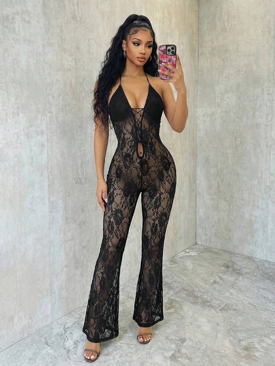 Eryvara 女士黑色蕾丝吊带系带透视镂空连体裤 - 黑色 - 查看 1