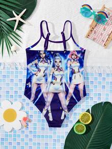 SHEIN 卡通女孩极简图案，亮紫色，韩流女团泳装印花，连体泳衣，适合夏季穿着 - 彩色 - 查看 3