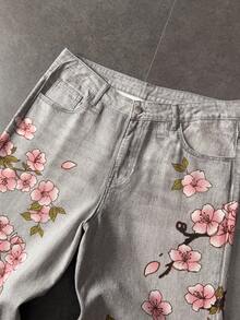 ROMWE MEN Men's Floral & Tiger Print Denim Jeans - Grey - View 5