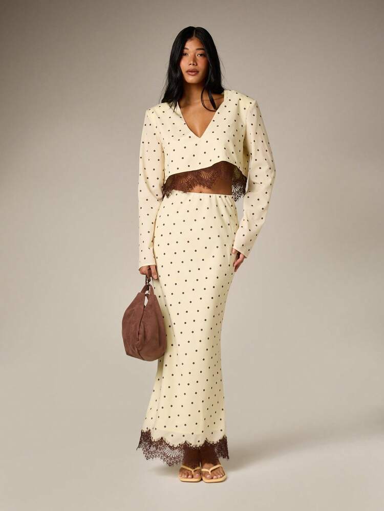 Polka Dot Lace Hem Maxi Skirt