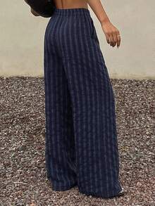 Livesso 女士休闲条纹阔腿裤 - 黑色 - 查看 4